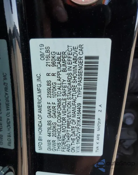 2019 Honda Accord Sport из США, поврежденный, VIN 1HGCV1F31KA164409